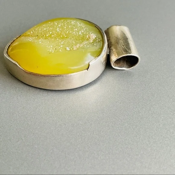 Natural Yellow Druzy Stone Sterling Silver Teardrop Pendant Vintage - Picture 5 of 6